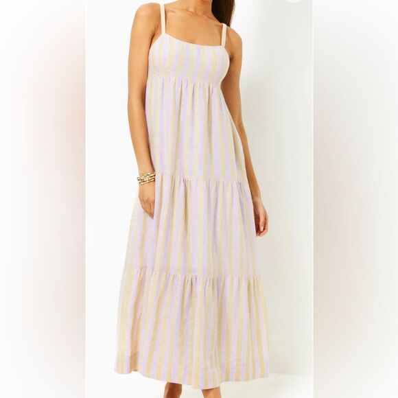 Lilly Pulitzer Javanne Linen Maxi Dress EUC Lilac Island Secrets Stripe 10 - Picture 4 of 12